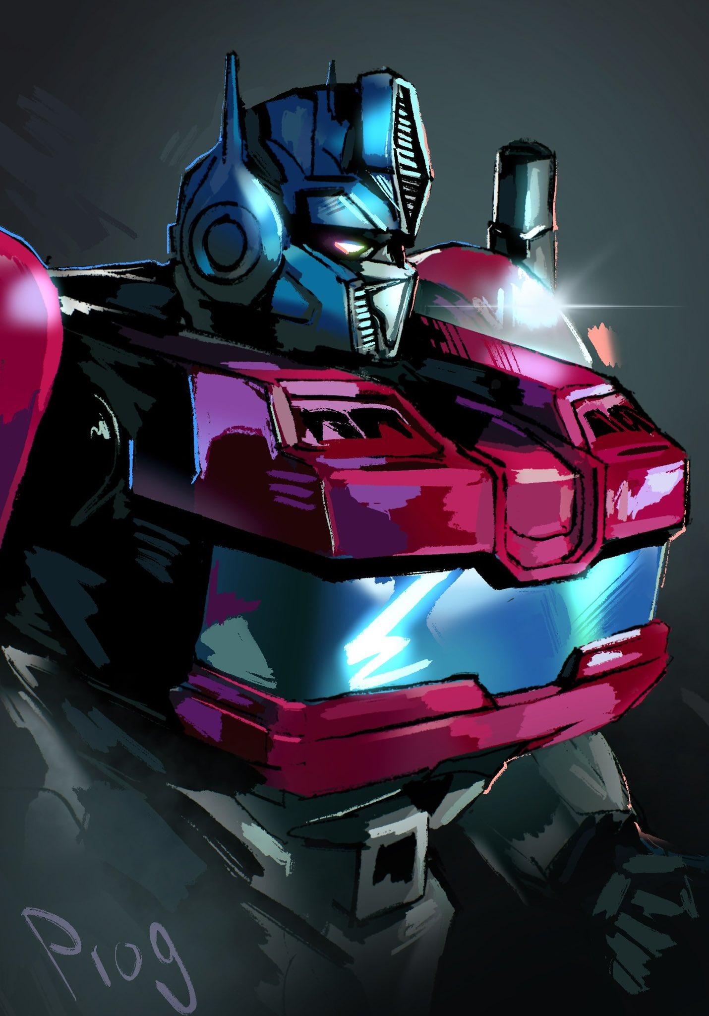 helmet, highres, humanoid_robot, mask, mecha, mecha_focus, mouth_mask, no_humans, optimus_prime, optimus_prime_(transformers_one), prog_ares, robot, science_fiction, smokestack, solo, transformers, transformers_one, white_eyes