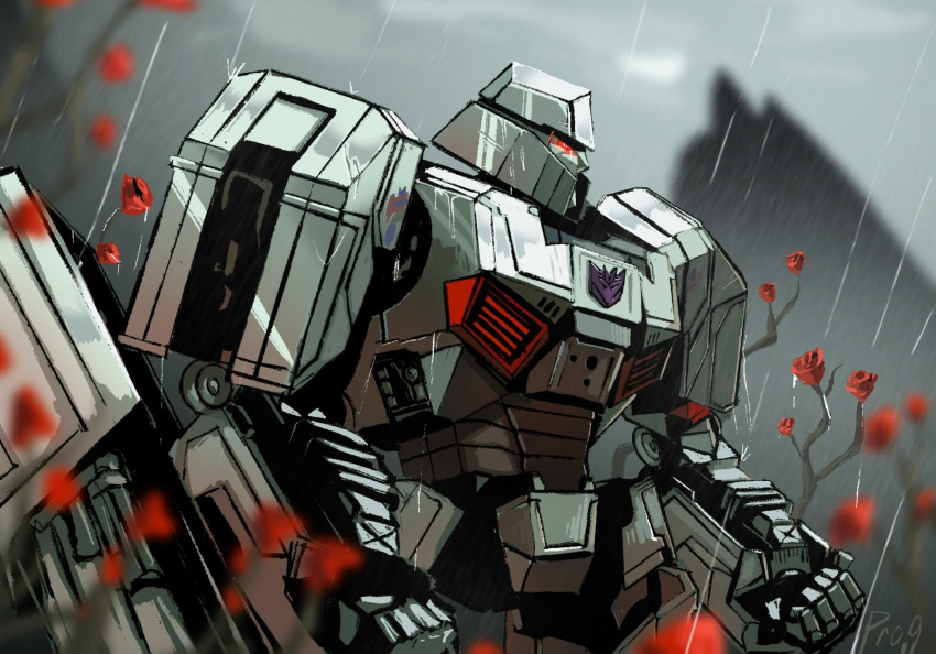 arm_cannon, decepticon, flower, helmet, highres, humanoid_robot, insignia, mecha