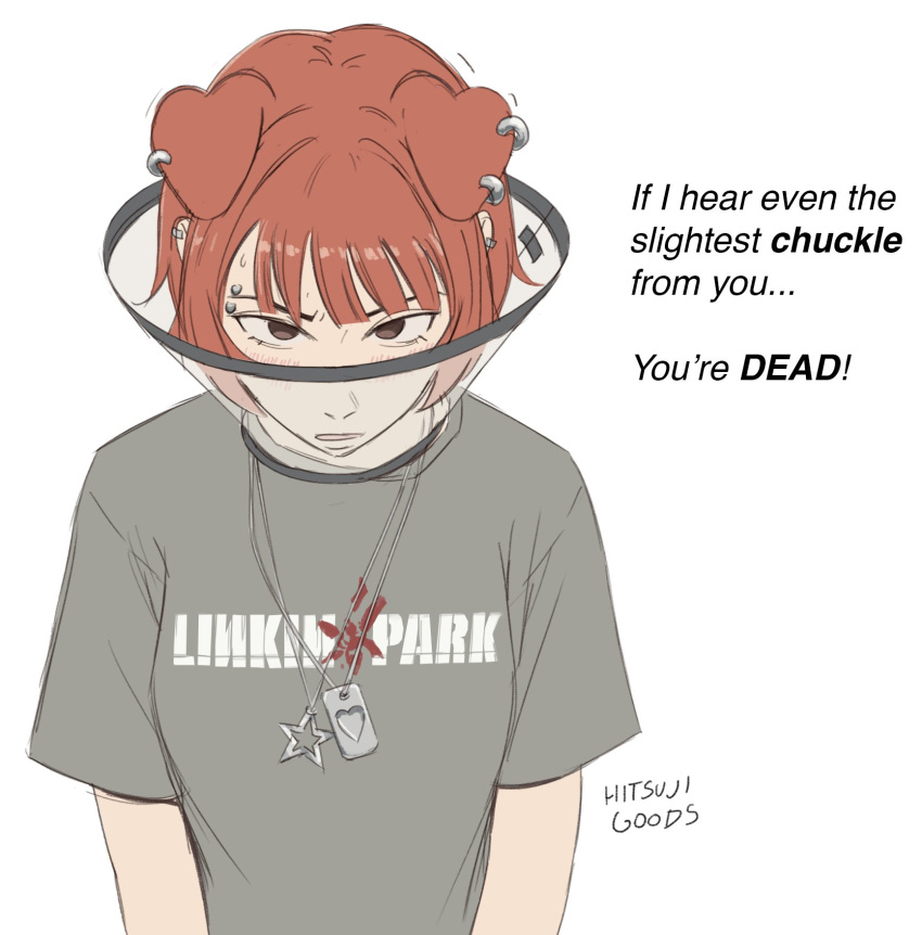 1girl, animal_ear_piercing, animal_ears, artist_name, blush, brown_eyes, clothes_writing, dog_ears, dog_girl, ear_piercing, english_commentary, english_text, extra_ears, eyebrow_piercing, floppy_ears, grey_shirt, heart, heart_necklace, highres, hitsujigoods, jewelry, linkin_park, mitsu_(hitsujigoods), necklace, open_mouth, original, pet_cone, piercing, redhead, shirt, short_hair, short_sleeves, simple_background, solo, star_(symbol), star_necklace, sweatdrop, upper_body, white_background