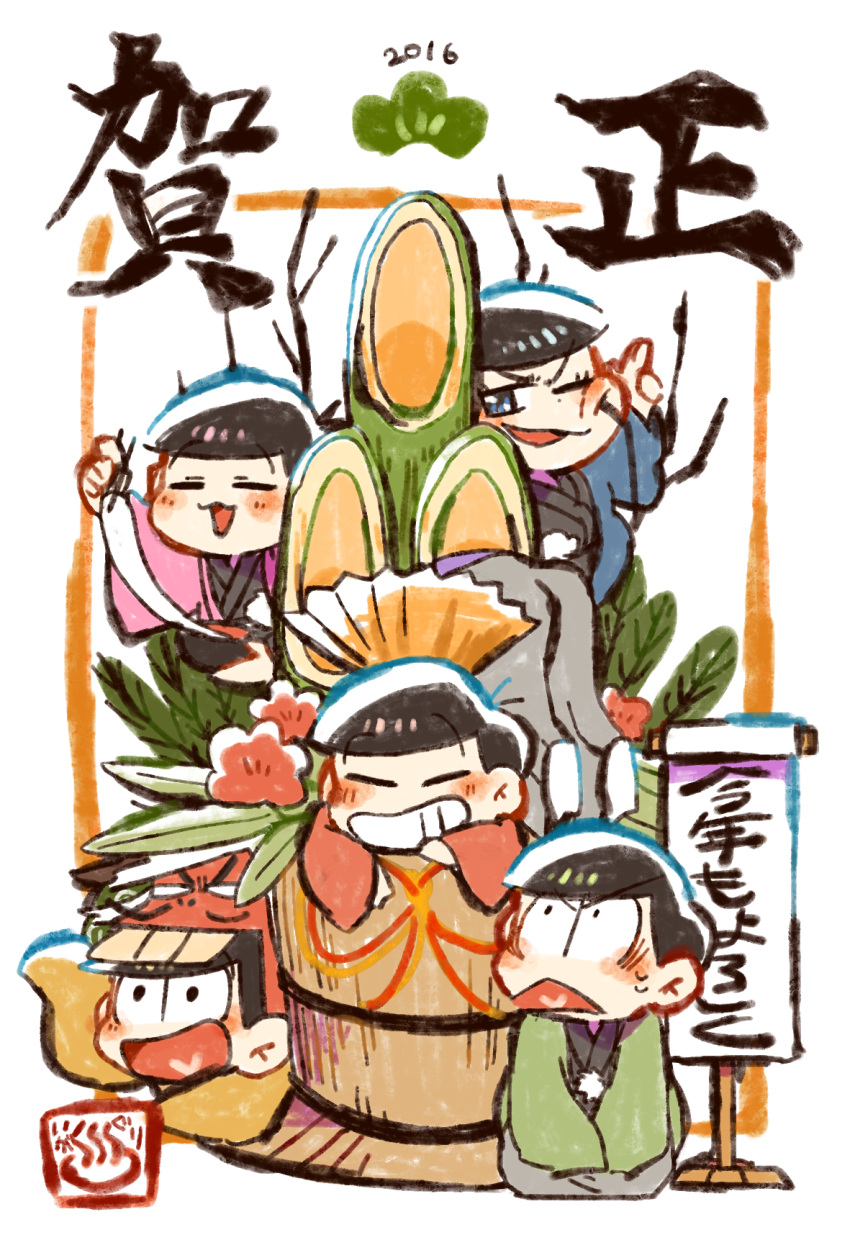 2016, 6+boys, ^_^, alternate_costume, annoyed, antenna_hair, black_eyes, black_kimono