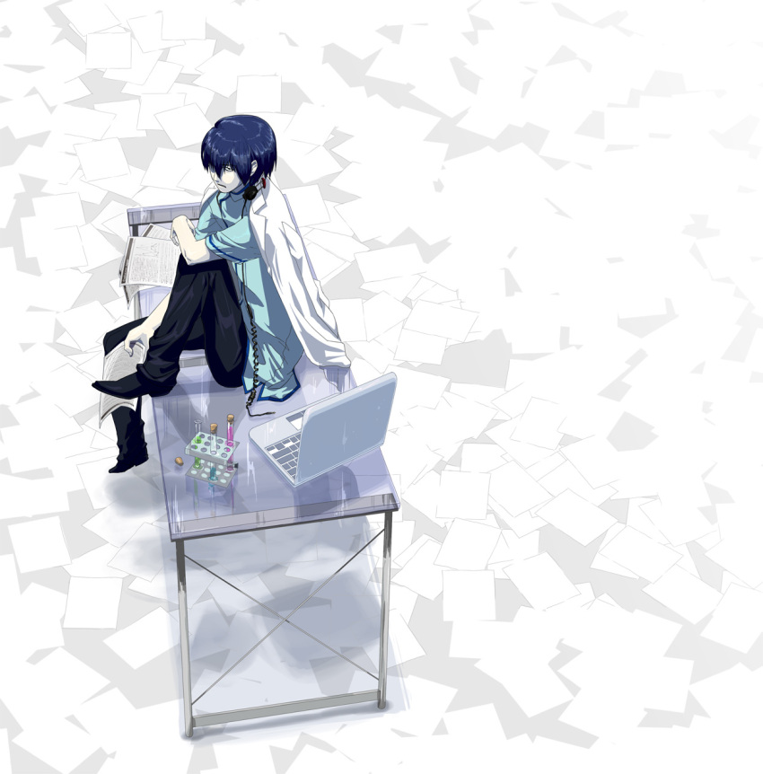 1boy, aragaki_shuuya, arm_on_own_leg, black_footwear, black_pants, blue_hair, chou_shittou_caduceus, computer