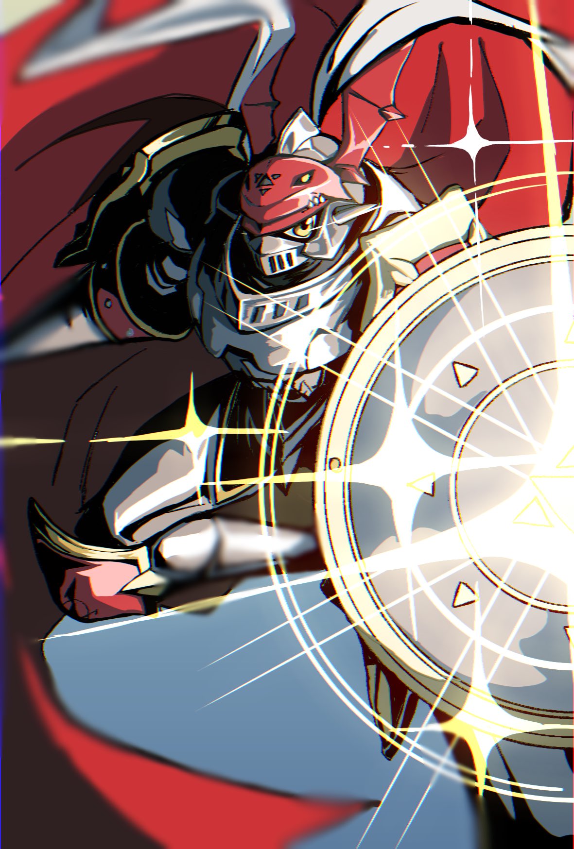 blue_background, cape, digimon, digimon_(creature), dukemon, glowing, highres, holding