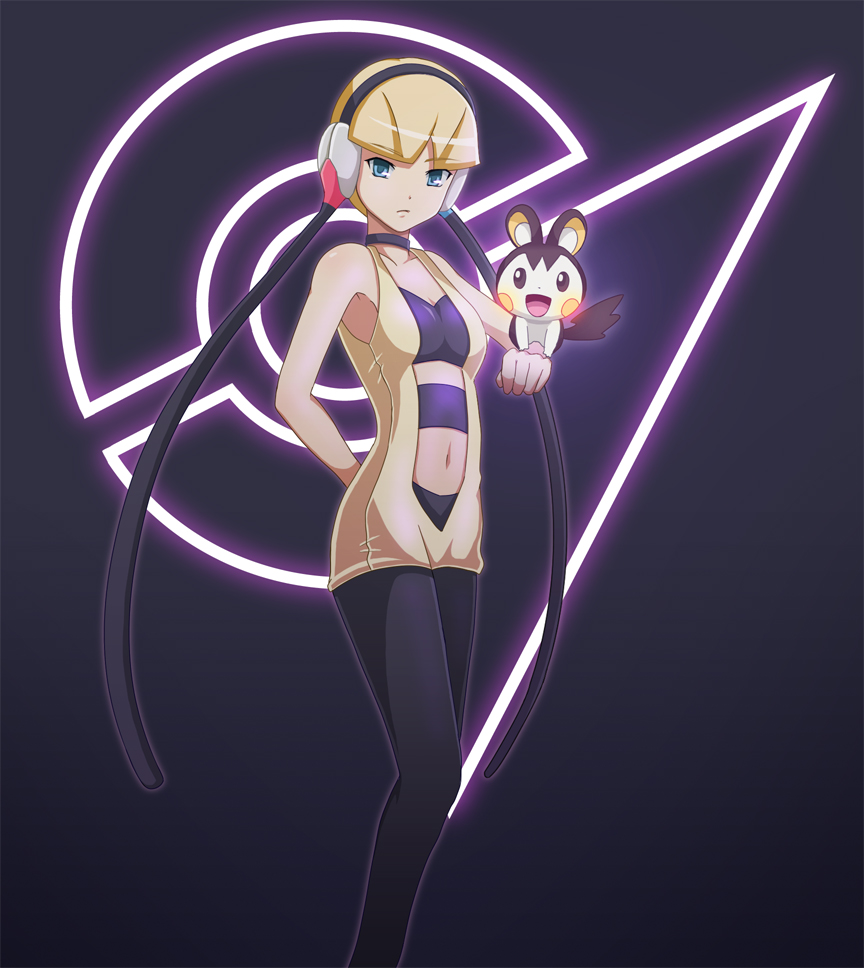 blonde_hair, blue_eyes, breasts, cable, choker, cleavage, emolga, gym_leader, headphones, kamitsure_(pokemon), kasumi_uzuki, midriff, navel, open_mouth, pantyhose, pokemon, pokemon_(game), pokemon_black_and_white, pokemon_bw, short_hair, smile, wire