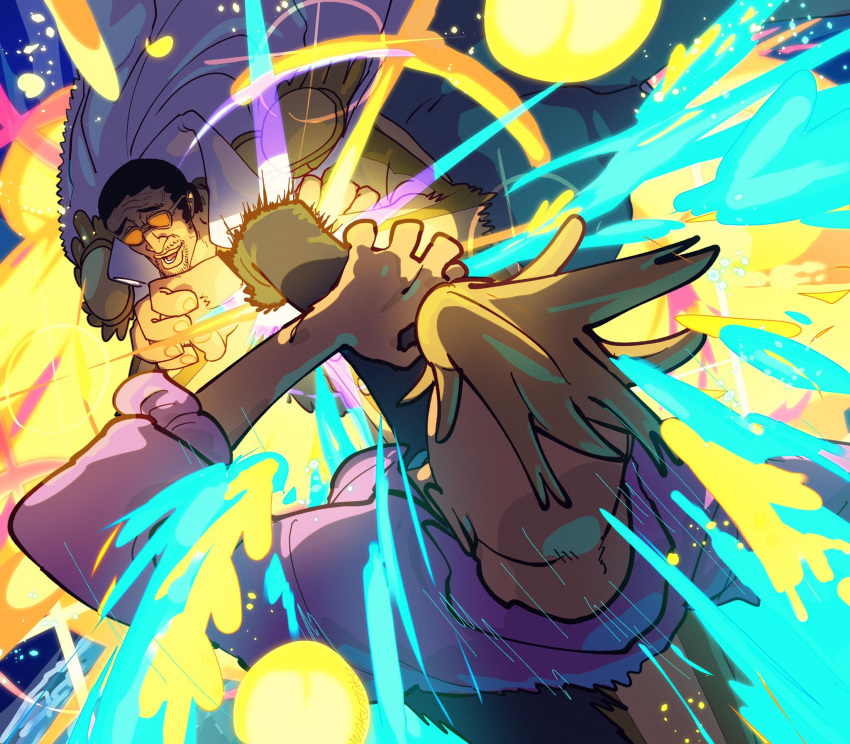 2boys, attack, beard_stubble, black_hair, blonde_hair, borsalino_(kizaru), coat, coat_on_shoulders