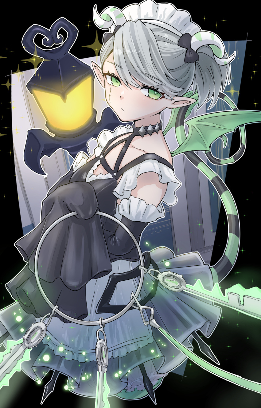 1girl, arianna_the_labrynth_servant, black_background, black_dress, black_sleeves, black_tail, collarbone, cowboy_shot