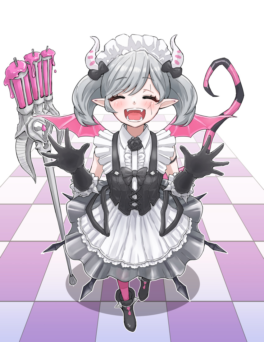 1girl, absurdres, arianne_the_labrynth_servant, black_gloves, black_tail, candle, checkered_floor, closed_eyes