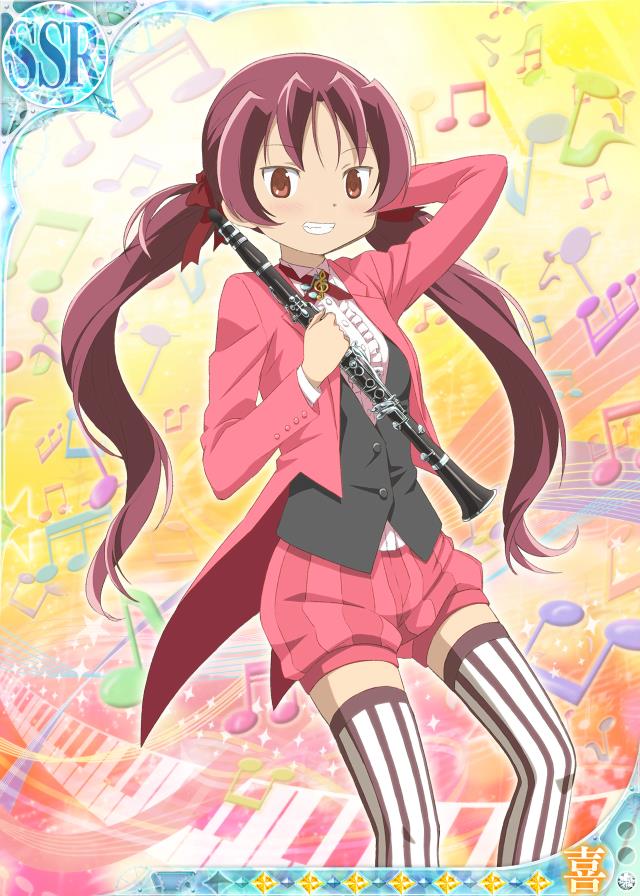 1girl, arm_behind_head, artist_request, baggy_shorts, black_vest, blazer, bow, buttons, card_(medium), center_frills, clarinet, collared_jacket, cowboy_shot, dot_nose, dress_shirt, formal_clothes, frills, game_cg, gradient_background, grin, hair_bow, happy, holding, holding_instrument, instrument, jacket, keyboard_(instrument), lapels, light_blush, light_particles, long_hair, looking_at_viewer, low_twintails, mahou_shoujo_madoka_magica, mahou_shoujo_madoka_magica_plus, musical_note_background, musical_note_brooch, neck_ribbon, notched_lapels, official_alternate_costume, official_art, open_clothes, open_jacket, orange_background, parted_bangs, picture_frame, red_bow, red_eyes, red_jacket, red_ribbon, red_shorts, redhead, ribbon, sakura_kyoko, shirt, shorts, smile, solo, sparkle, staff_(music), standing, striped_clothes, striped_shorts, striped_thighhighs, thigh-highs, third-party_source, treble_clef, tsurime, twintails, vertical-striped_clothes, vertical-striped_shorts, vertical-striped_thighhighs, vest, white_shirt, white_thighhighs, yellow_background