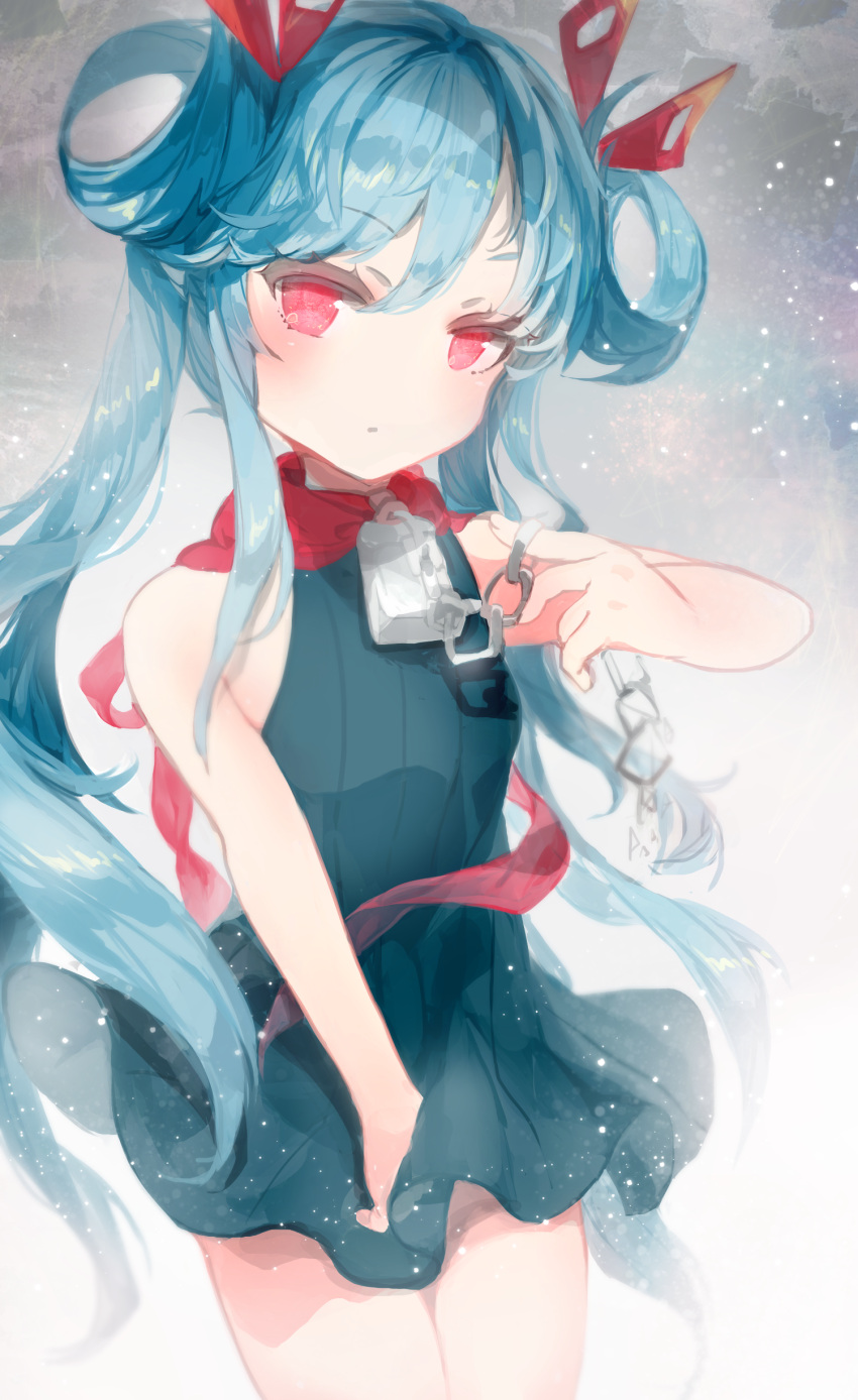 1girl, absurdres, beatmania_(series), beatmania_iidx, blue_hair, bow, chain, hair_bow