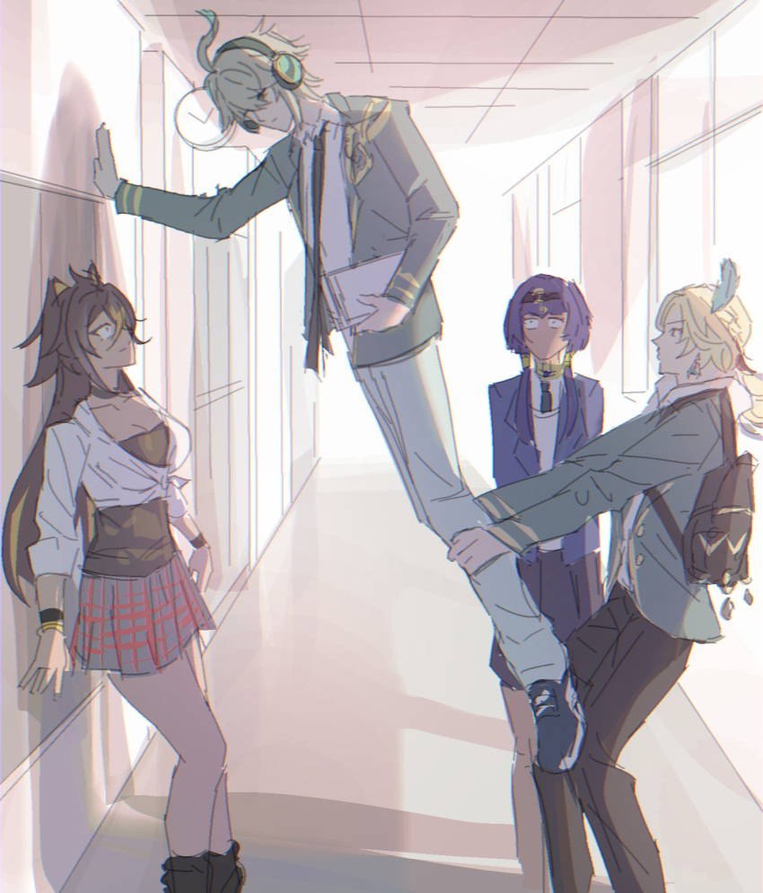 2boys, 2girls, against_wall, ahoge, alhaitham_(genshin_impact), alternate_universe, bag, blonde_hair