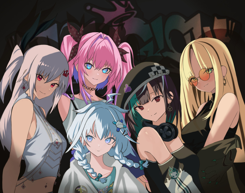 5girls, absurdres, aqua_hair, beret, black_dress, black_hair, black_hat, black_shirt