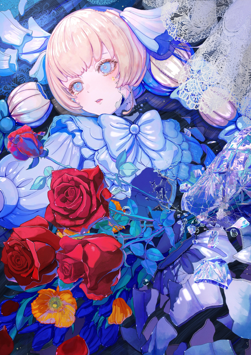 1girl, absurdres, blonde_hair, blue_bow, blue_bowtie, blue_dress, blue_eyes, bouquet