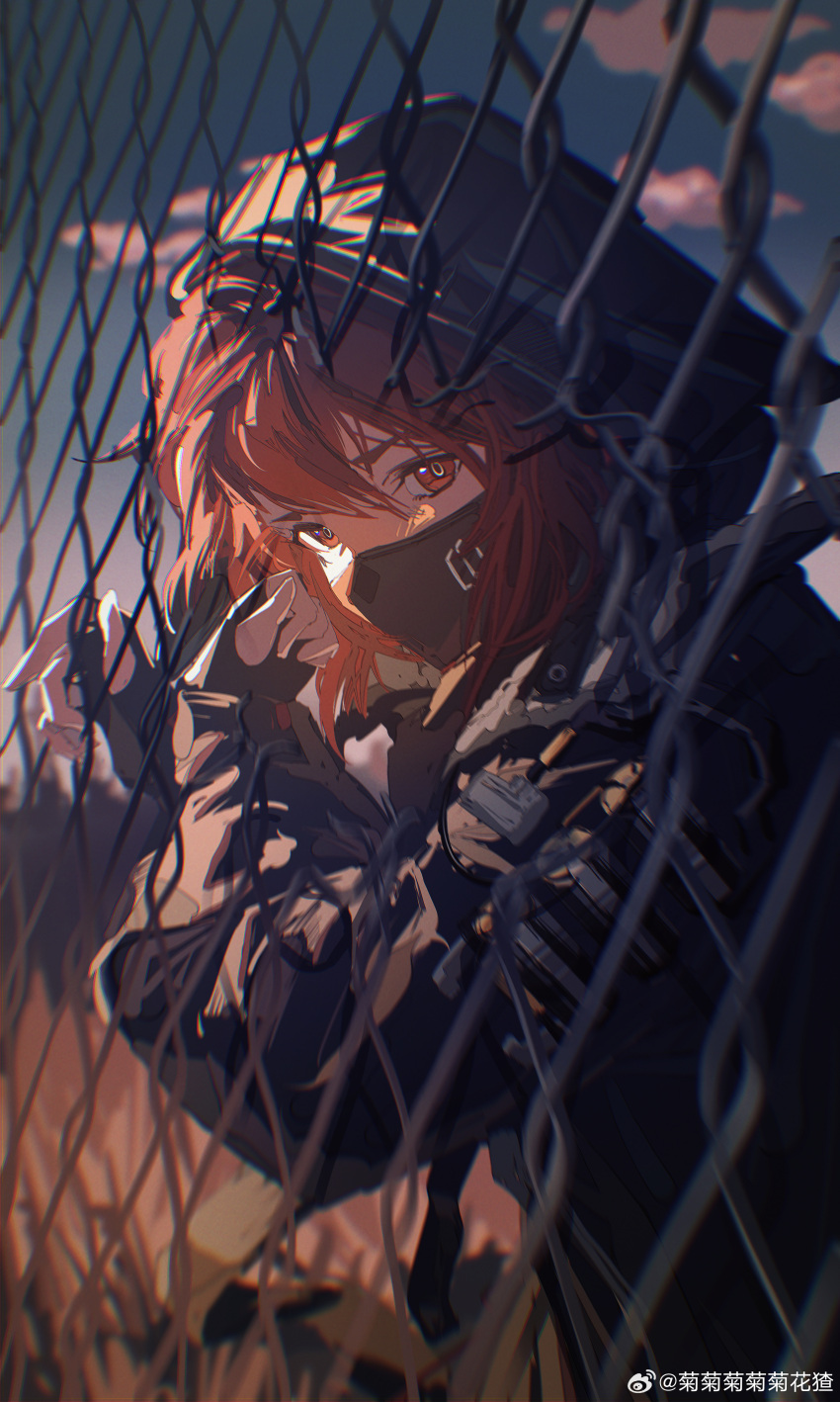 1girl, absurdres, arknights, black_jacket, chain-link_fence, clouds, crownslayer_(arknights), fence