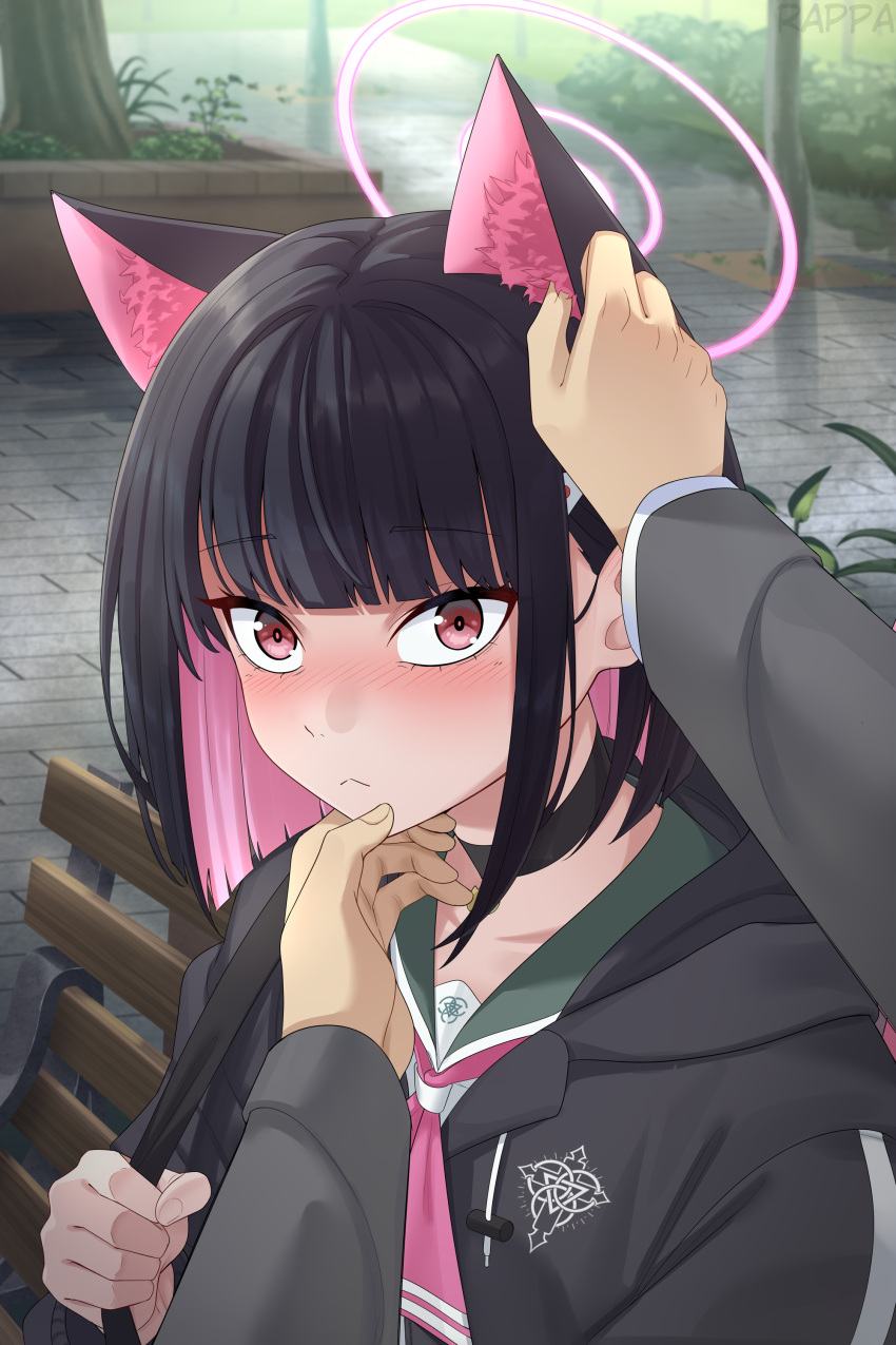 1boy, 1girl, :<, absurdres, animal_ears, bench, black_choker, black_hair