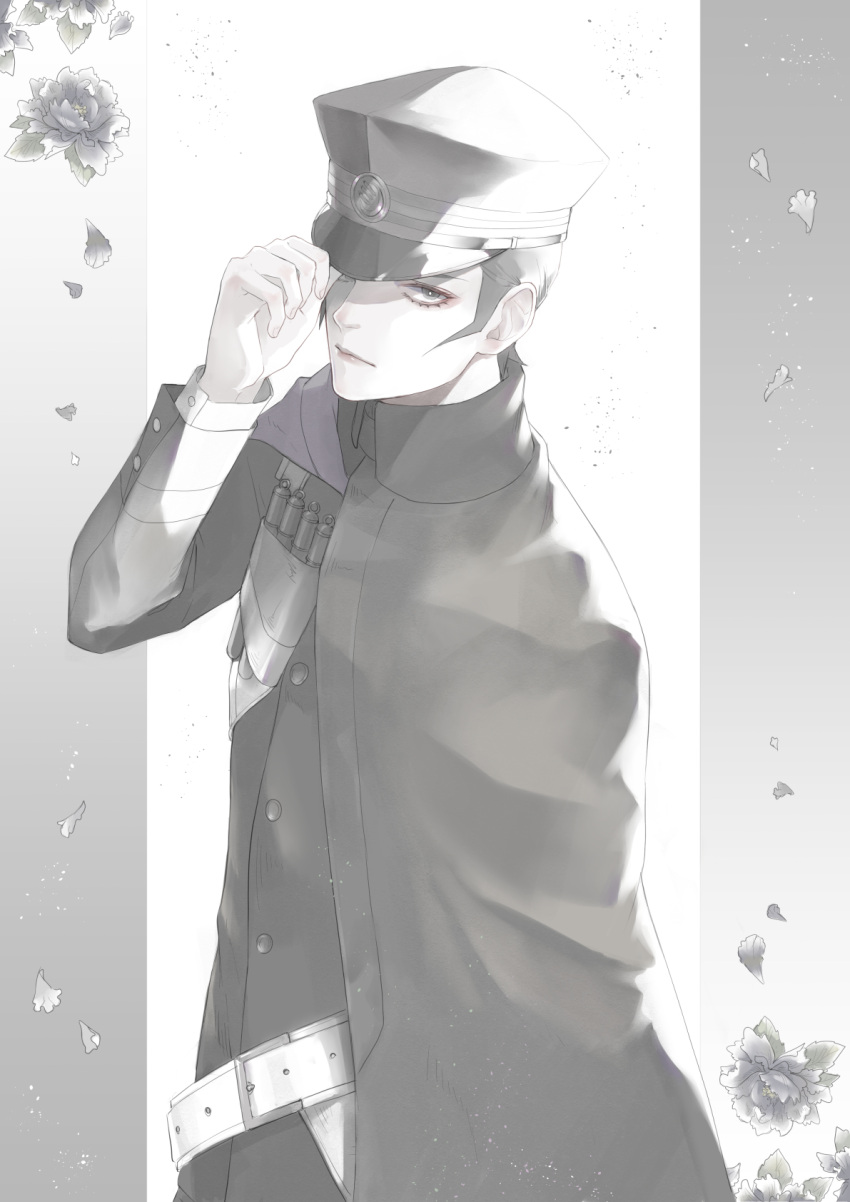 1boy, belt, black_hair, cloak, devil_summoner_(series), expressionless, flower, grey_eyes