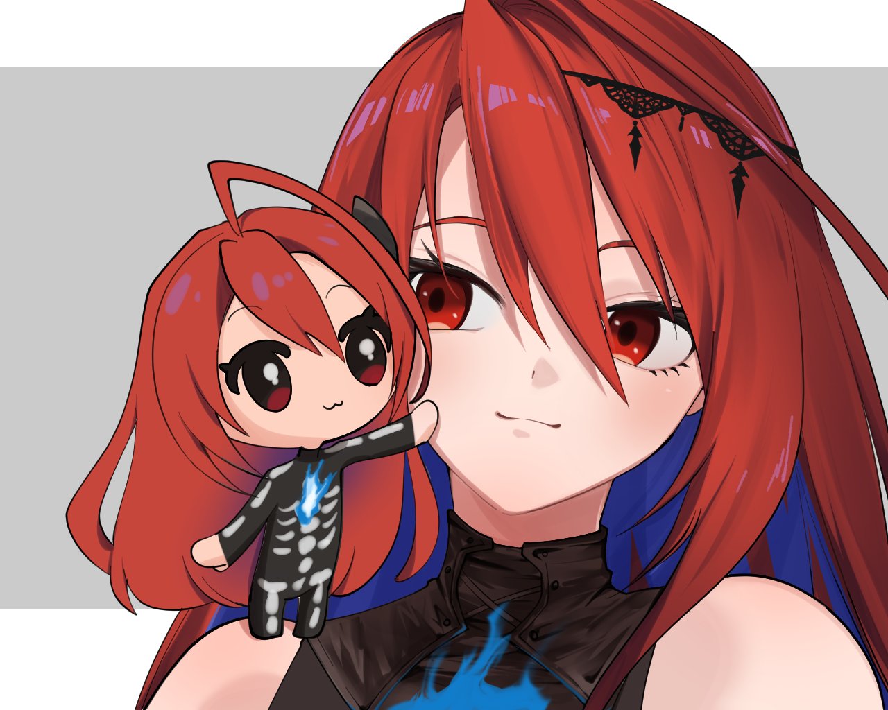 1girl, :3, ahoge, bare_shoulders, black_shirt, blue_fire, blue_hair, bodysuit