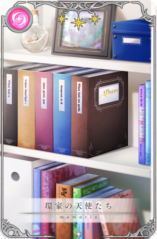 book, bookshelf, bottle, box, card_(medium), cork, game_cg, indoors, magia_record:_mahou_shoujo_madoka_magica_gaiden, mahou_shoujo_madoka_magica, no_humans, object_focus, official_art, photo_(object), photo_album, picture_frame, sand, seashell, shadow, shell, translated, tsuduki_neko