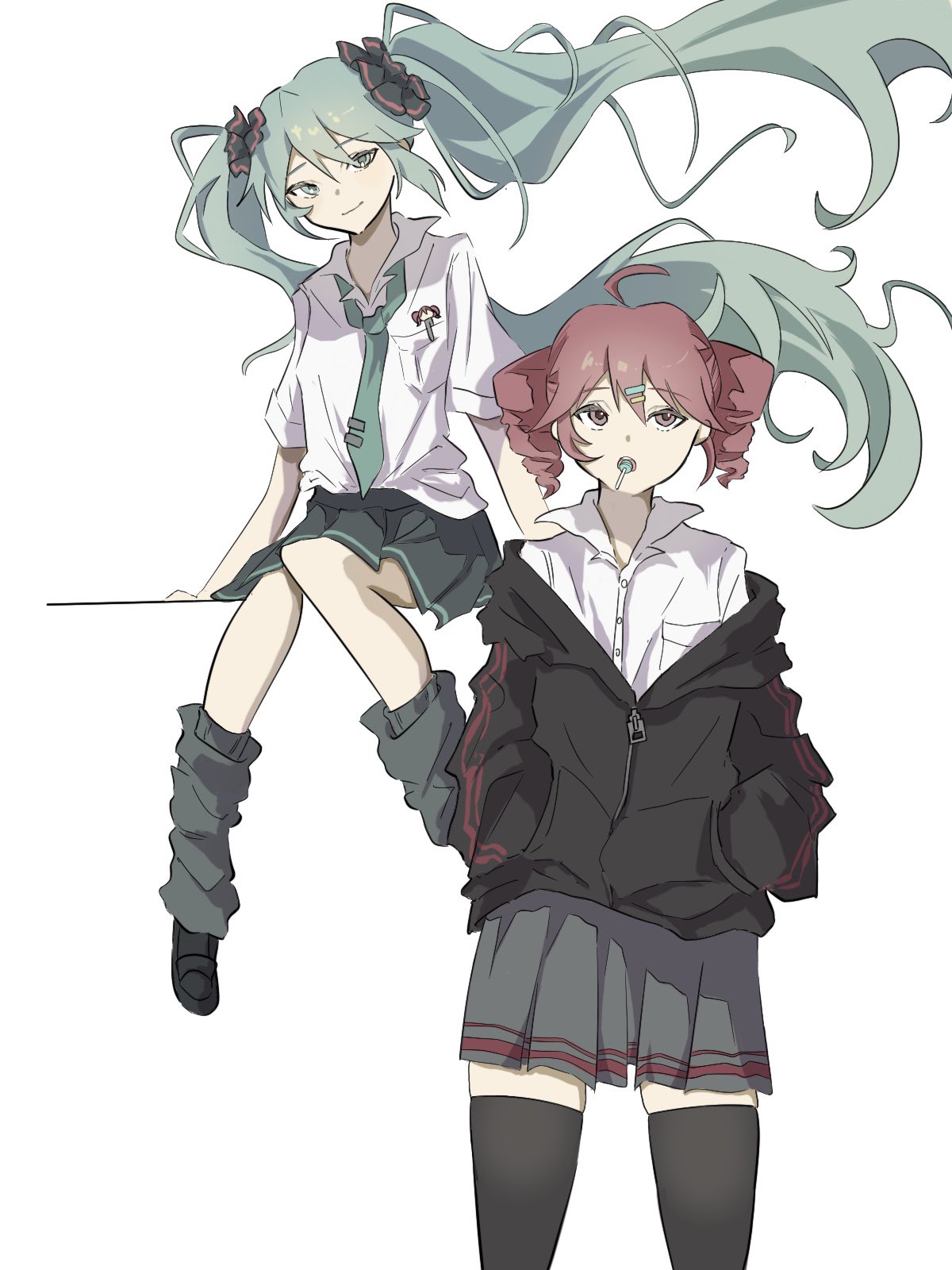 2girls, alternate_costume, black_footwear, black_jacket, black_leg_warmers, black_ribbon, black_skirt, black_thighhighs