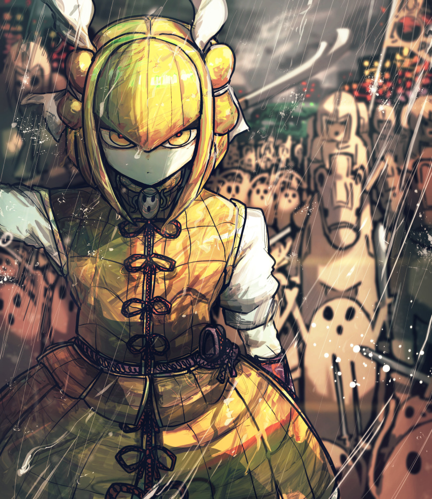 1girl, absurdres, army, banner, blonde_hair, blurry, blurry_background, closed_mouth, clouds, dark_clouds, depth_of_field, dress, hair_ribbon, haniwa_(statue), highres, horse, joutouguu_mayumi, looking_at_viewer, piaki, polearm, puffy_short_sleeves, puffy_sleeves, rain, ribbon, serious, shirt, short_hair, short_sleeves, touhou, upper_body, weapon, white_ribbon, white_shirt, yellow_dress, yellow_eyes