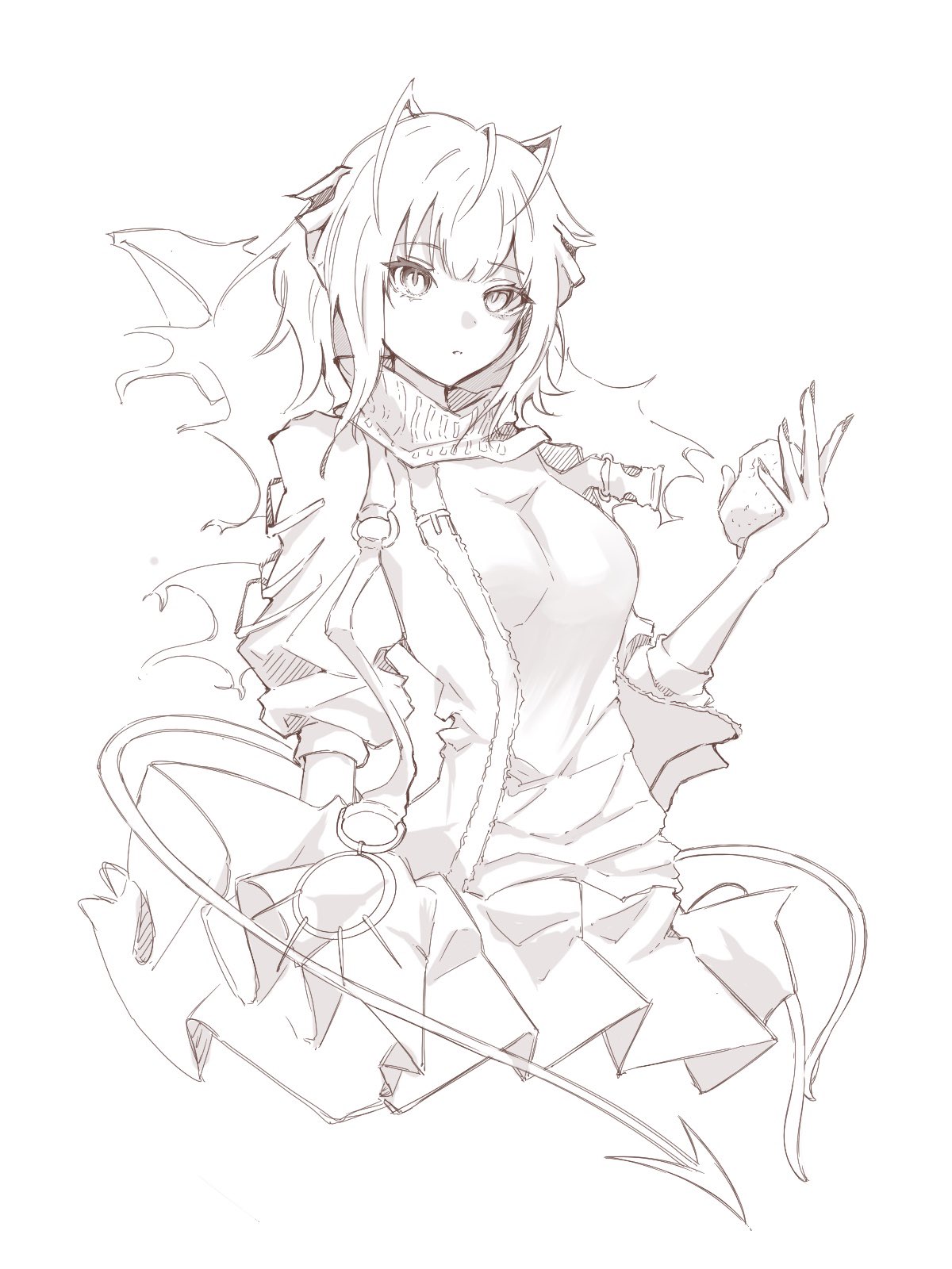 1girl, antenna_hair, arknights, commentary_request, cropped_torso, greyscale, hand_up, hatching_(texture), highres, holding, jacket, linear_hatching, looking_at_viewer, miniskirt, monochrome, o-ring, open_clothes, open_jacket, parted_lips, pleated_skirt, shirt, short_hair, simple_background, skirt, solo, tail, tui894237493057, w_(arknights), white_background