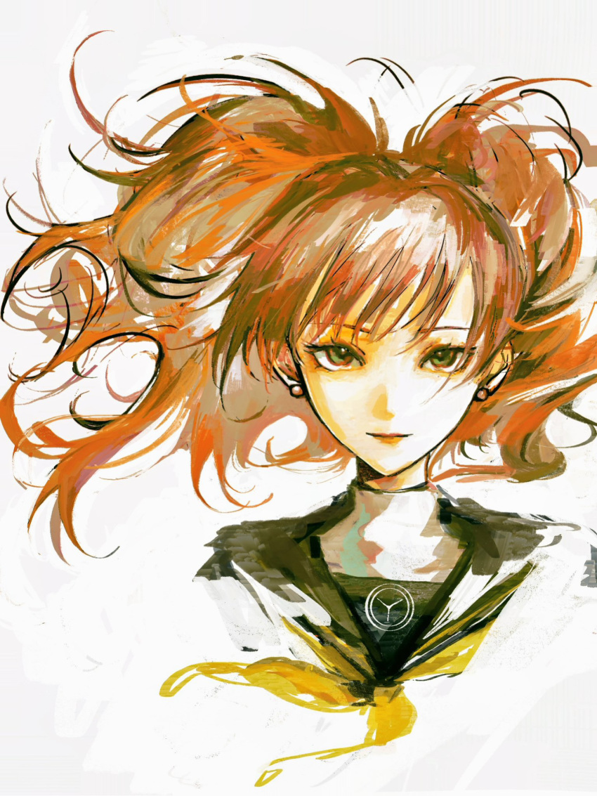 1girl, black_sailor_collar, cropped_shoulders, floating_hair, gou_tou21081, grey_eyes, highres, kujikawa_rise, light_smile, long_hair, looking_at_viewer, persona, persona_4, redhead, sailor_collar, simple_background, sketch, solo, white_background