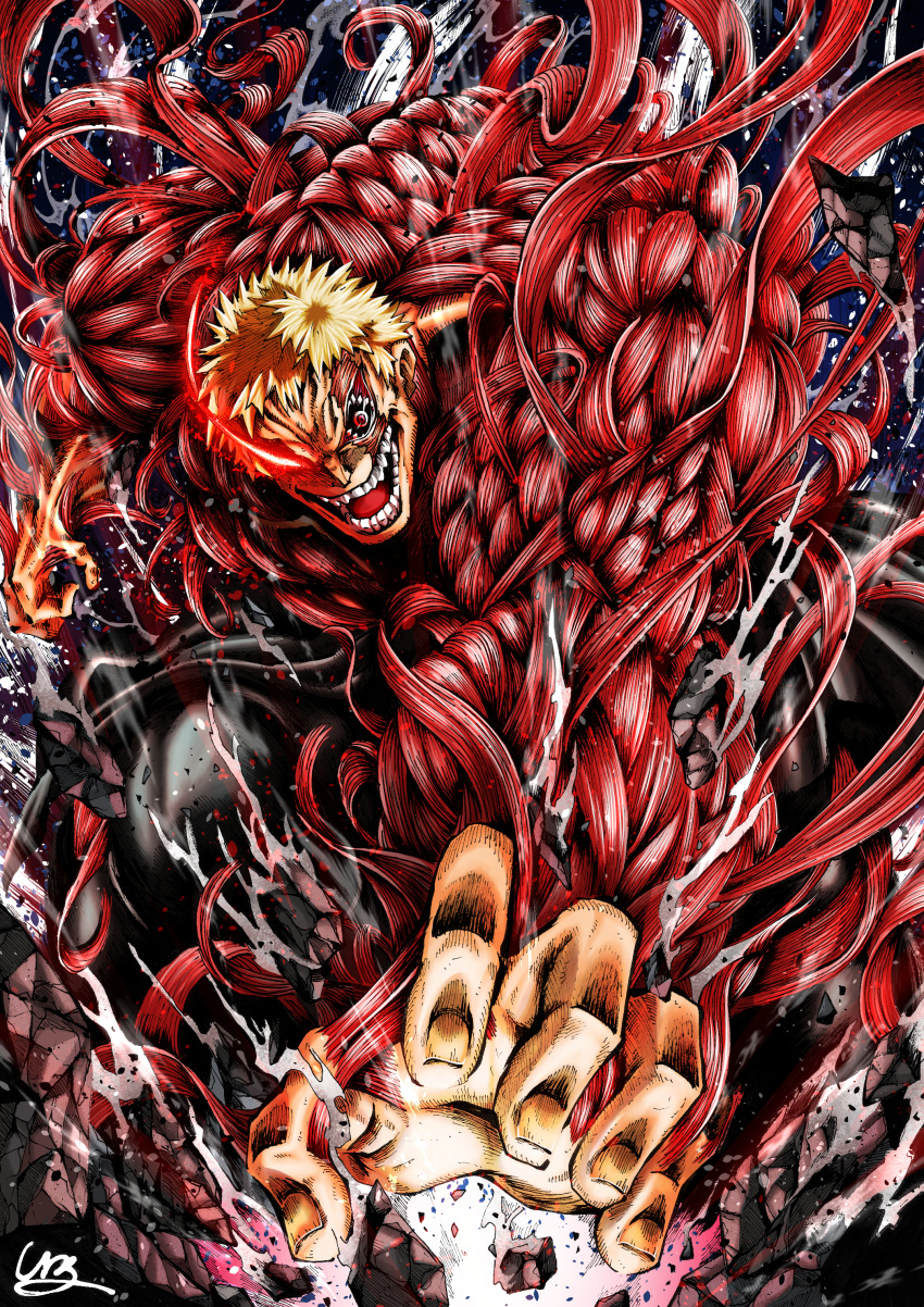 1boy, absurdres, artificial_eye, blonde_hair, boku_no_hero_academia, crazy_smile, debris, evil_smile