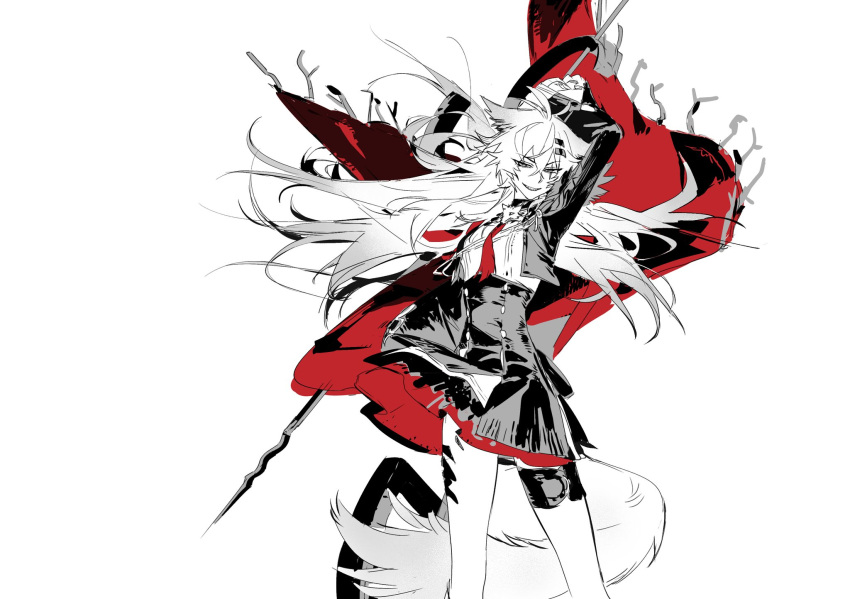 1girl, arknights, arm_up, cape, cowboy_shot, crossed_bangs, crystal_fish, floating_hair, hair_between_eyes, hair_ornament, hairclip, high-waist_skirt, highres, holding, holding_sword, holding_weapon, jacket, lappland_(arknights), lappland_the_decadenza_(arknights), long_hair, long_sleeves, looking_at_viewer, material_growth, necktie, official_alternate_costume, oripathy_lesion_(arknights), partially_colored, red_cape, red_necktie, scar, scar_across_eye, shirt, skirt, solo, standing, sword, tail, weapon, weapon_behind_back, white_background, wolf_tail