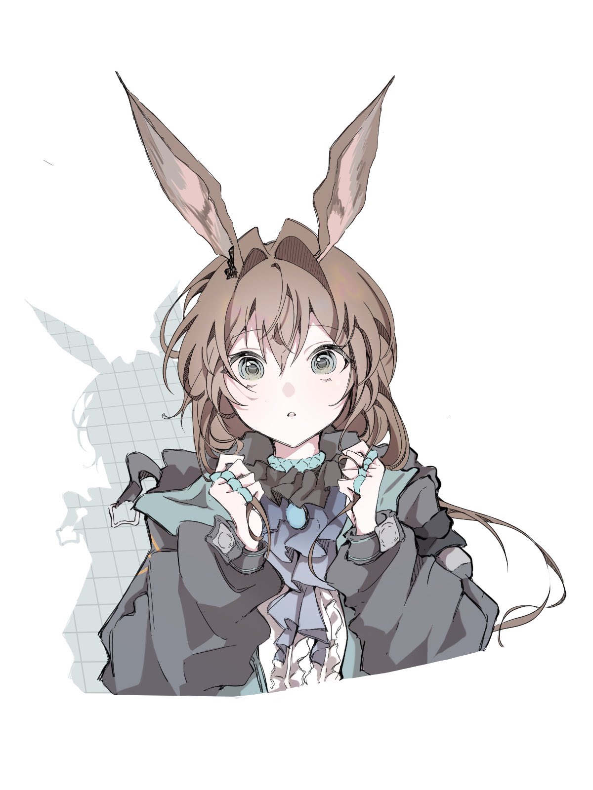 1girl, :o, amiya_(arknights), animal_ears, aqua_collar, arknights, ascot, black_ascot