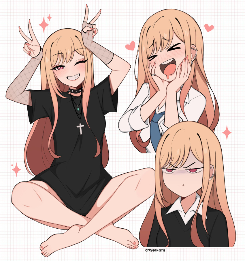 >_<, 1girl, :t, absurdres, artist_name, barefoot, black_choker, black_skirt