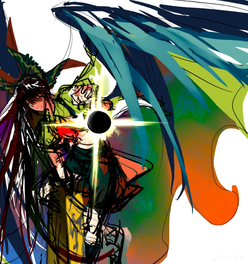 1girl, arm_cannon, black_sun, blue_wings, bow, brown_hair, cape, control_rod_(touhou)