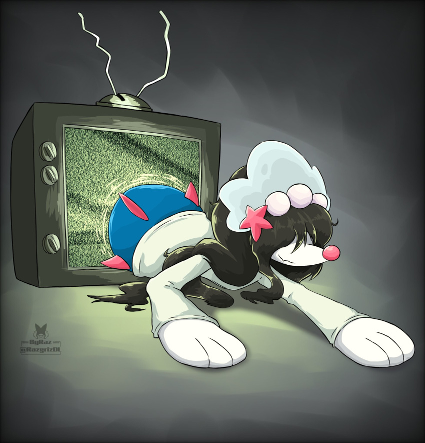 1girl, artist_name, black_hair, crt, hair_over_eyes, highres, long_hair, mermaid, monster_girl, pokemon, pokemon_(creature), primarina, raz_dl, shirt, solo, starfish_hair_ornament, the_ring, white_shirt