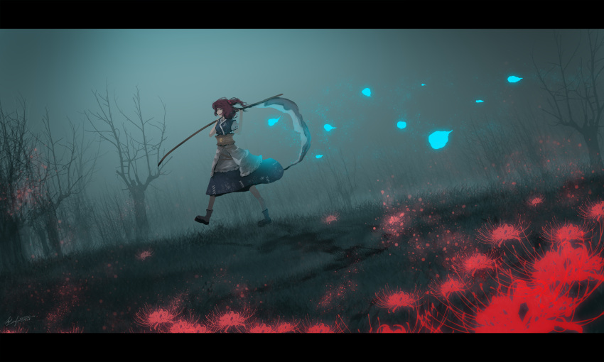 1girl, 2019, bare_tree, blue_petals, blue_skirt, blue_vest, dated, flower
