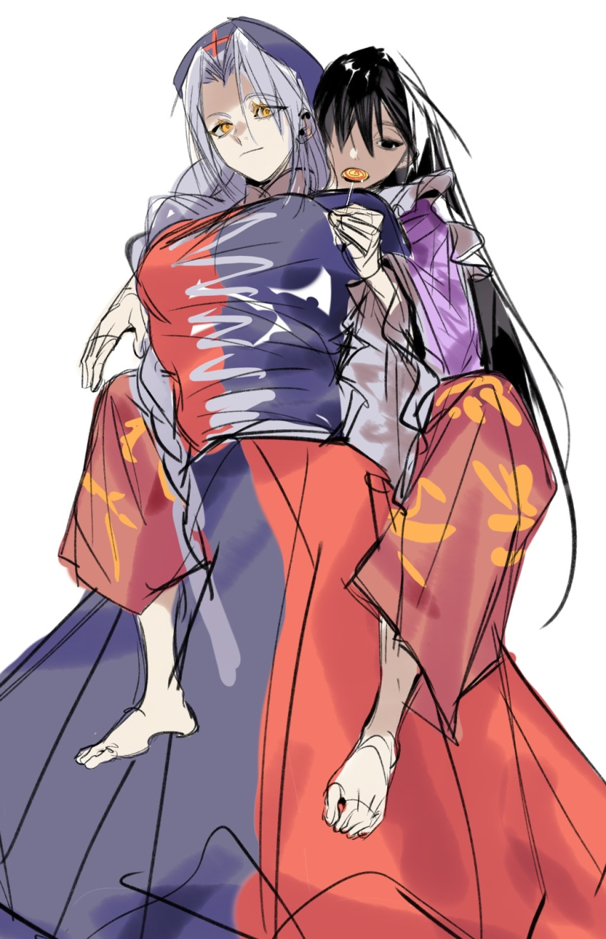 2girls, barefoot, black_eyes, black_hair, breasts, candy, carrying, closed_mouth, cross, curtained_hair, dress, empty_eyes, food, full_body, grey_dress, grey_hair, hair_over_one_eye, highres, houraisan_kaguya, large_breasts, li_ye_(bakugokatsuki), lollipop, looking_at_viewer, multiple_girls, orange_eyes, parted_bangs, piggyback, red_cross, red_dress, simple_background, smile, swirl_lollipop, touhou, white_background, yagokoro_eirin, zero_two_driver