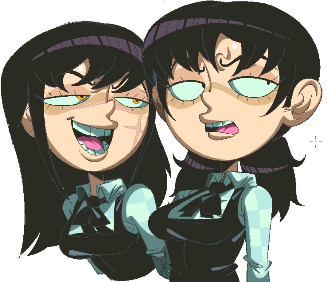 2girls, annoyed, black_dress, black_hair, black_ribbon, breasts, chainsaw_man, checkered_clothes, checkered_shirt, collared_shirt, cropped_torso, cross_scar, dress, dual_persona, eyelashes, frown, half-closed_eyes, jojomama38, large_breasts, long_hair, long_sleeves, looking_to_the_side, low_twintails, mitaka_asa, multiple_girls, neck_ribbon, open_mouth, pinafore_dress, ribbon, rolling_eyes, scar, scar_on_cheek, scar_on_face, scar_on_nose, school_uniform, shirt, short_twintails, simple_background, sleeveless, sleeveless_dress, teeth, toon_(style), twintails, upper_body, upper_teeth_only, v-shaped_eyebrows, white_background, white_shirt, yellow_eyes, yoru_(chainsaw_man)