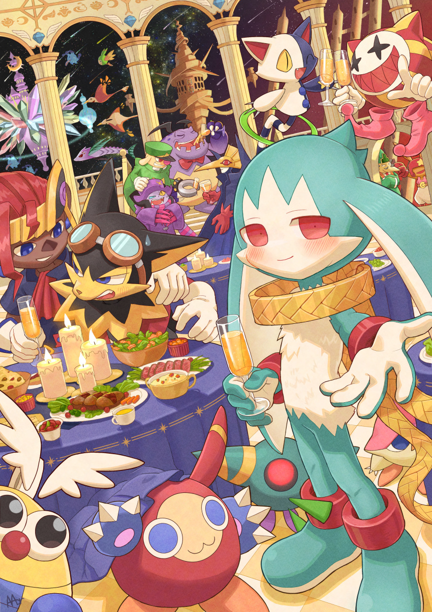 +_+, absurdres, alcohol, amber_graygamma, animal_ears, arm_around_shoulder, candle, cat, cat_ears, champagne, champagne_bottle, chipple, claws, cup, disembodied_foot, disembodied_hand, drinking_glass, eyepatch, food, gantz, garlen_(klonoa), gloves, goggles, goggles_on_head, heterochromia, highres, janga_(klonoa), joka_(klonoa), kaze_no_klonoa, king_of_sorrow, leorina, looking_at_viewer, moo_(klonoa), red_stripes, scarf, sitting_on_shoulder, smile, tat_(klonoa), whiskers, wine_glass, wolf, wolf_ears