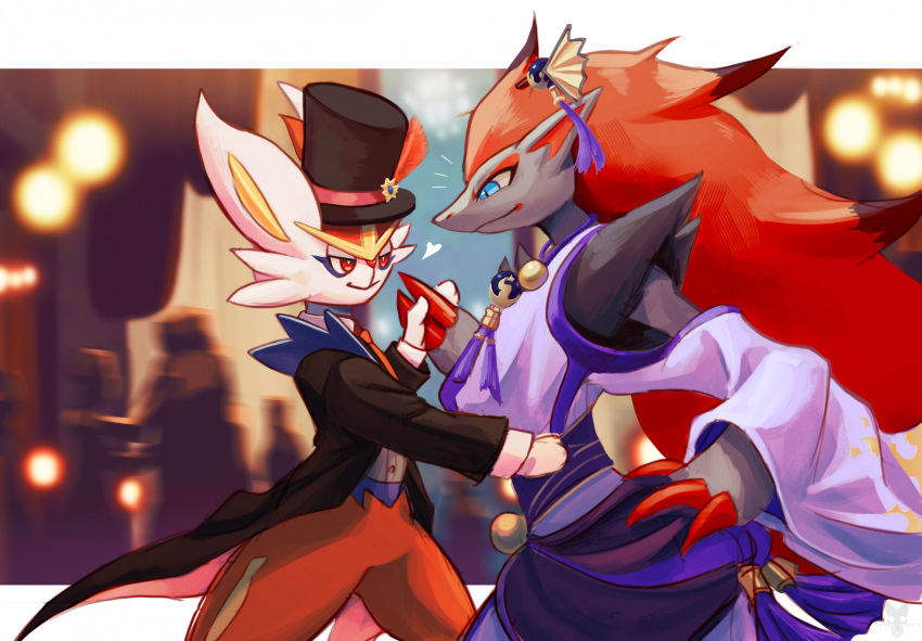 black_fur, black_hat, black_jacket, blue_eyes, cinderace, cinderace_(tuxedo), claws, clothed_pokemon, clothing_cutout, hat, highres, jacket, japanese_clothes, kimono, long_hair, pants, pokemon, pokemon_(creature), pokemon_unite, purple_kimono, red_eyes, red_pants, redhead, shoulder_cutout, tenebscuro, top_hat, white_fur, zoroark, zoroark_(ghost)