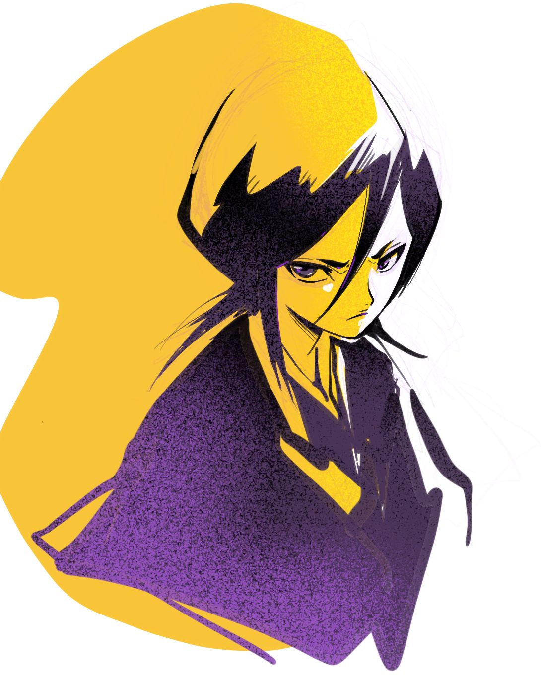 1girl, bleach, closed_mouth, commentary_request, fengcheche, hair_between_eyes, highres, japanese_clothes, kimono, kuchiki_rukia, limited_palette, looking_at_viewer, medium_hair, purple_kimono, simple_background, solo, upper_body, violet_eyes