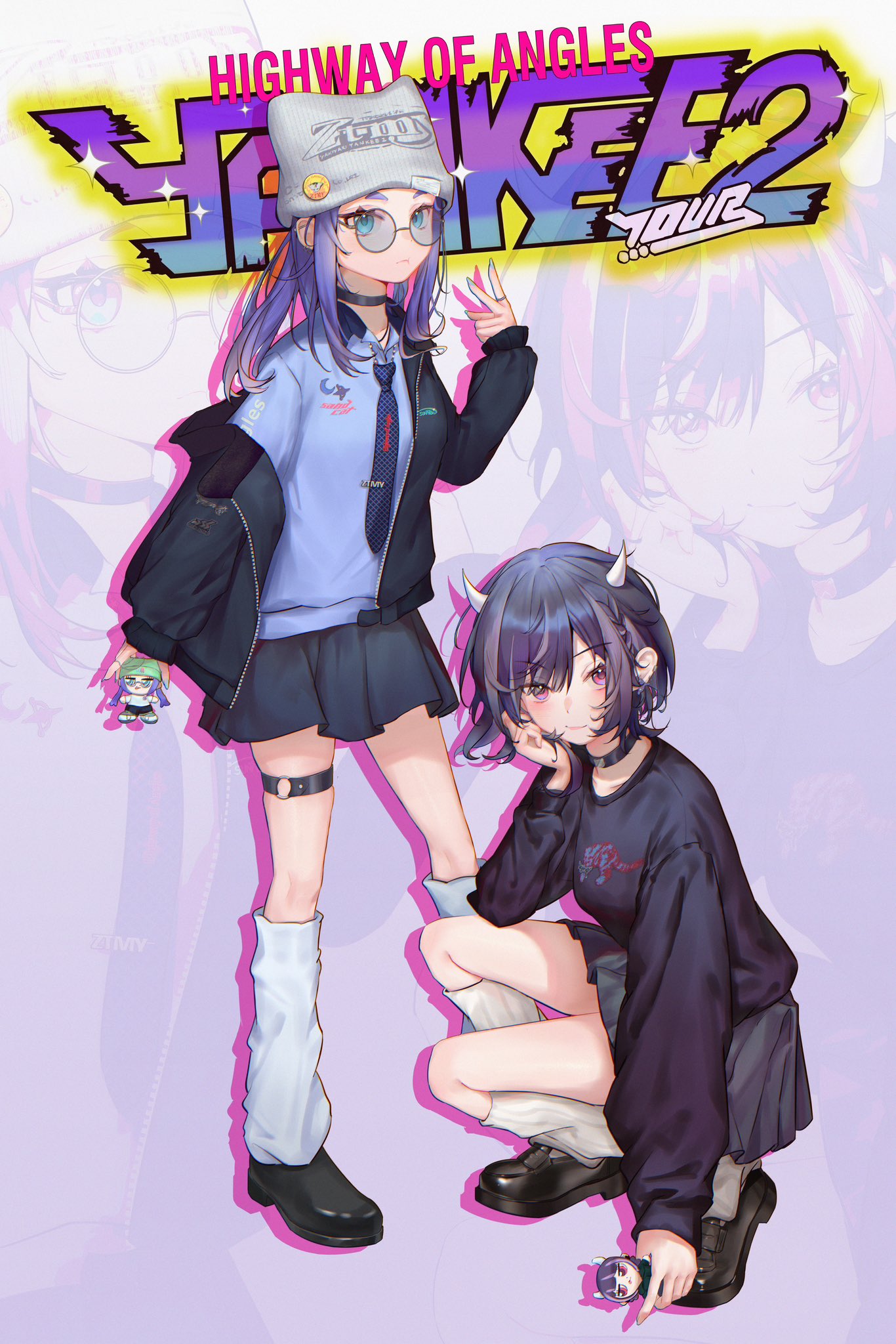 2girls, alternate_costume, aqua_eyes, black_choker, black_footwear, black_hair, black_jacket, black_shirt