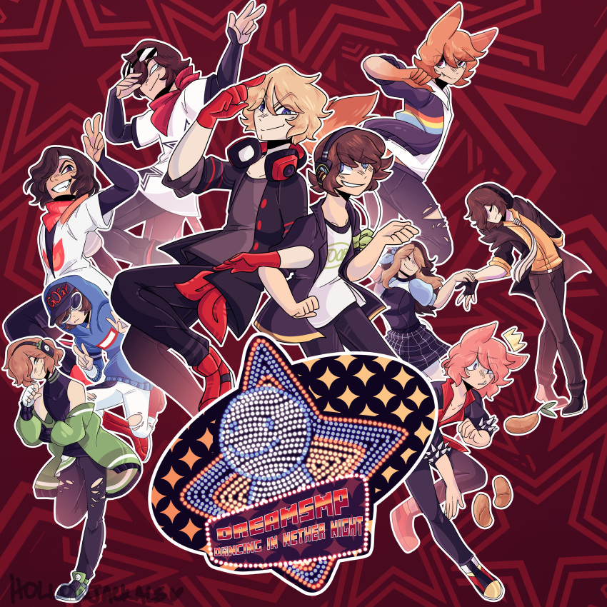 1girl, 1other, 6+boys, absurdres, alternate_costume, amamiya_ren, amamiya_ren_(cosplay), animal_ears, animification, baseball_cap, beanie, blonde_hair, brown_hair, commentary, copyright_name, cosplay, cosplay_request, crown, dancing, dream_(youtuber), dream_(youtuber)_(blob), dream_smp, dress, english_commentary, eret_(youtuber), fox_boy, fox_ears, fundy_(youtuber), georgenotfound, hat, headphones, highres, hood, hood_up, humanization, logo, logo_parody, long_hair, minecraft_youtube, multiple_boys, nihachu, orange_hair, outline, parody, persona, persona_5:_dancing_star_night, persona_dancing, pig_boy, pig_ears, pink_hair, potato, sable_(sableskies), sapnap, short_hair, signature, star_(symbol), streetwear, sunglasses, tan, technoblade, tommyinnit, tubbo, white_eyes, white_outline, wilbur_soot