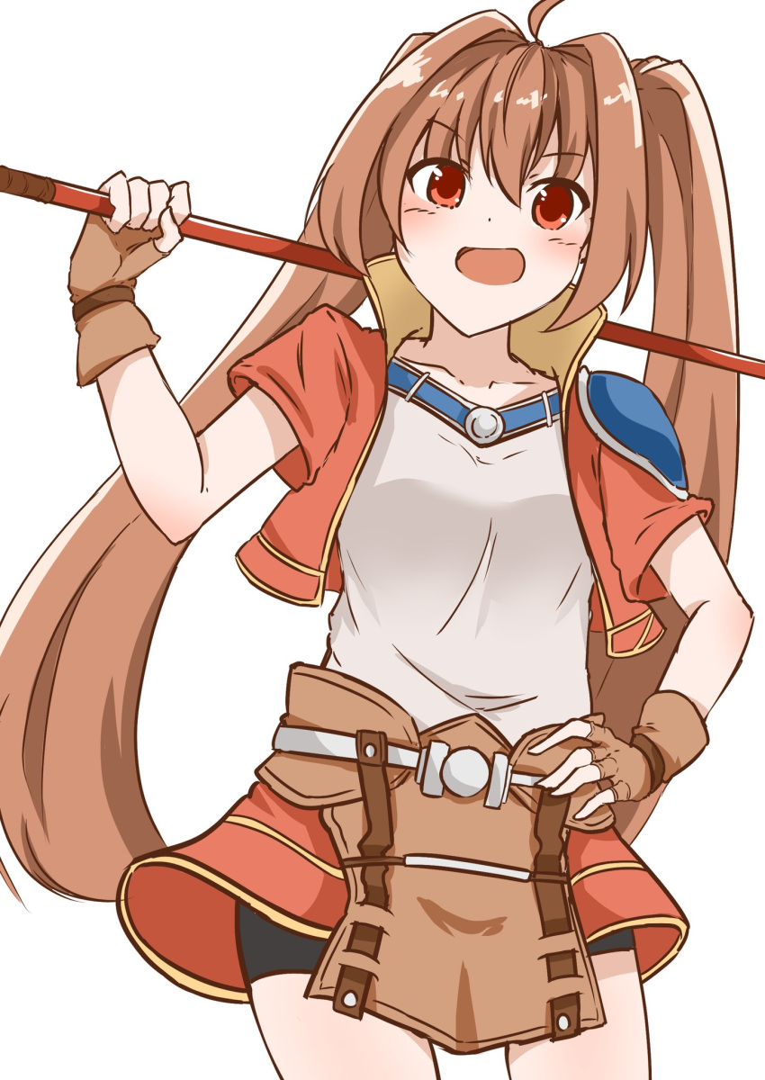 1girl, :d, ahoge, bike_shorts_under_skirt, bo_staff, brown_hair, choker, collarbone