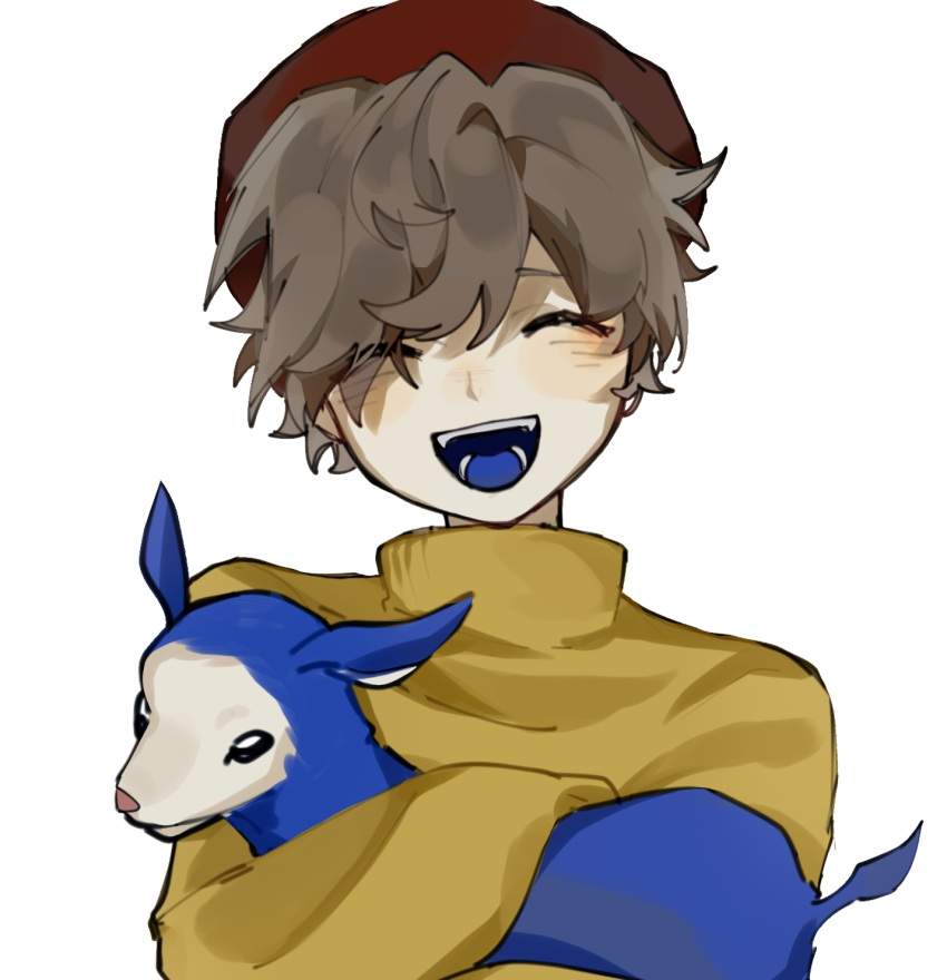 1boy, ^_^, alternate_hair_color, animal, animification, beanie, blue_fur, brown_hair