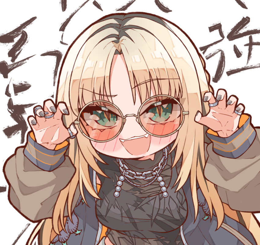 1girl, animal_print, black_hair, black_jacket, black_nails, black_shirt, blonde_hair, blush