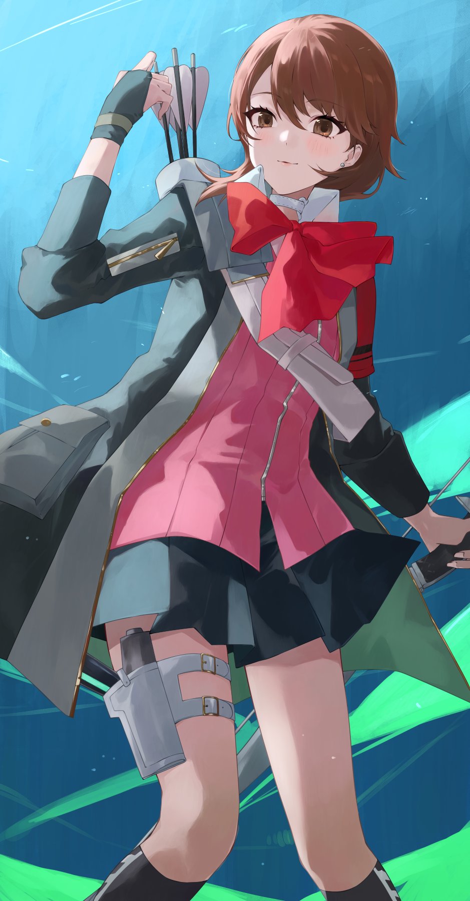 1girl, archery_shooting_glove, armband, arrow_(projectile), black_gloves, black_jacket, black_skirt, black_socks