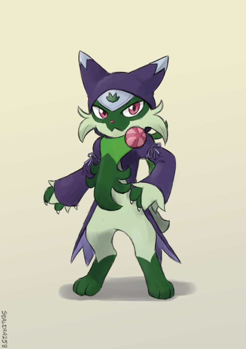 absurdres, artist_name, clothed_pokemon, cosplay, floragato, green_fur, grey_background, highres