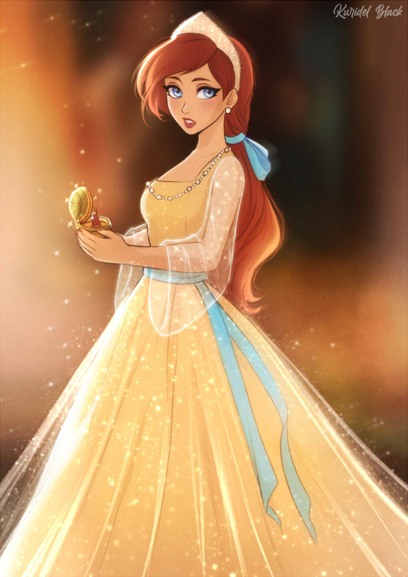 1girl, anastasia_(1997), anya_(anastasia), artist_name, blue_eyes, commentary, crown, dress, earrings, holding, jewelry, kuridel, looking_at_viewer, makeup, mascara, music_box, necklace, parted_lips, pearl_earrings, pearl_necklace, ponytail, profile, redhead, see-through_clothes, see-through_sleeves, solo, swept_bangs, yellow_dress