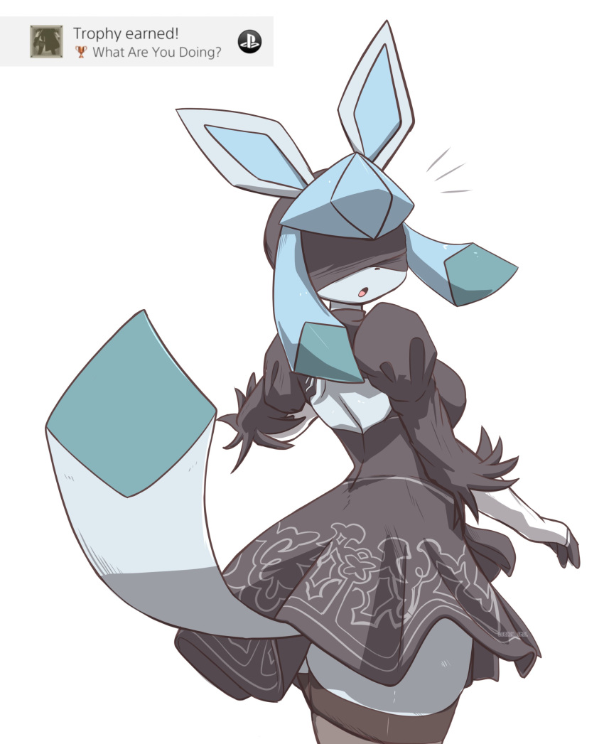 1girl, 2b_(nier:automata), 2b_(nier:automata)_(cosplay), absurdres, achievement_unlocked, black_blindfold, black_dress, black_thighhighs, blindfold, blue_fur, clothed_pokemon, cosplay, covered_eyes, dress, english_text, furry, furry_female, highres, nier:automata, nier_(series), oreon_smol, pokemon, pokemon_(creature), simple_background, solo, sylveon, tail, thigh-highs, two-tone_fur, white_background