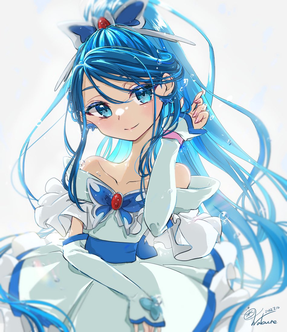 1girl, bare_shoulders, blue_eyes, blue_hair, blurry_border, closed_mouth, commentary_request, cure_aqua