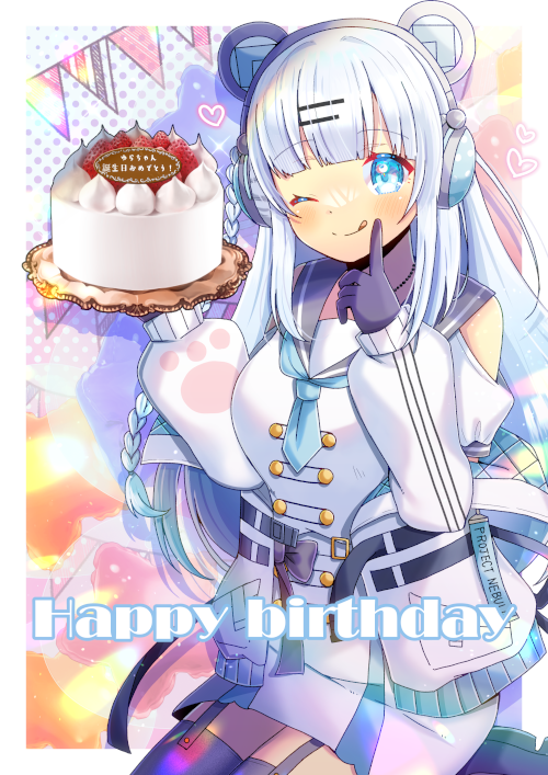 1girl, ;q, animal_ear_headphones, animal_ears, birthday_cake, black_gloves, blue_eyes, blush
