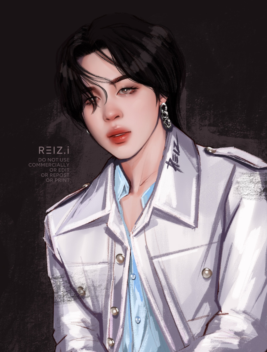 1boy, absurdres, artist_name, bangtan_boys, black_hair, blue_shirt, collared_jacket, earrings, eyeshadow, hashtag-only_commentary, highres, jacket, jewelry, jimin_(bts), k-pop, makeup, male_focus, parted_lips, real_life, red_lips, reiz.i, shirt, short_hair, signature, solo, upper_body, white_jacket