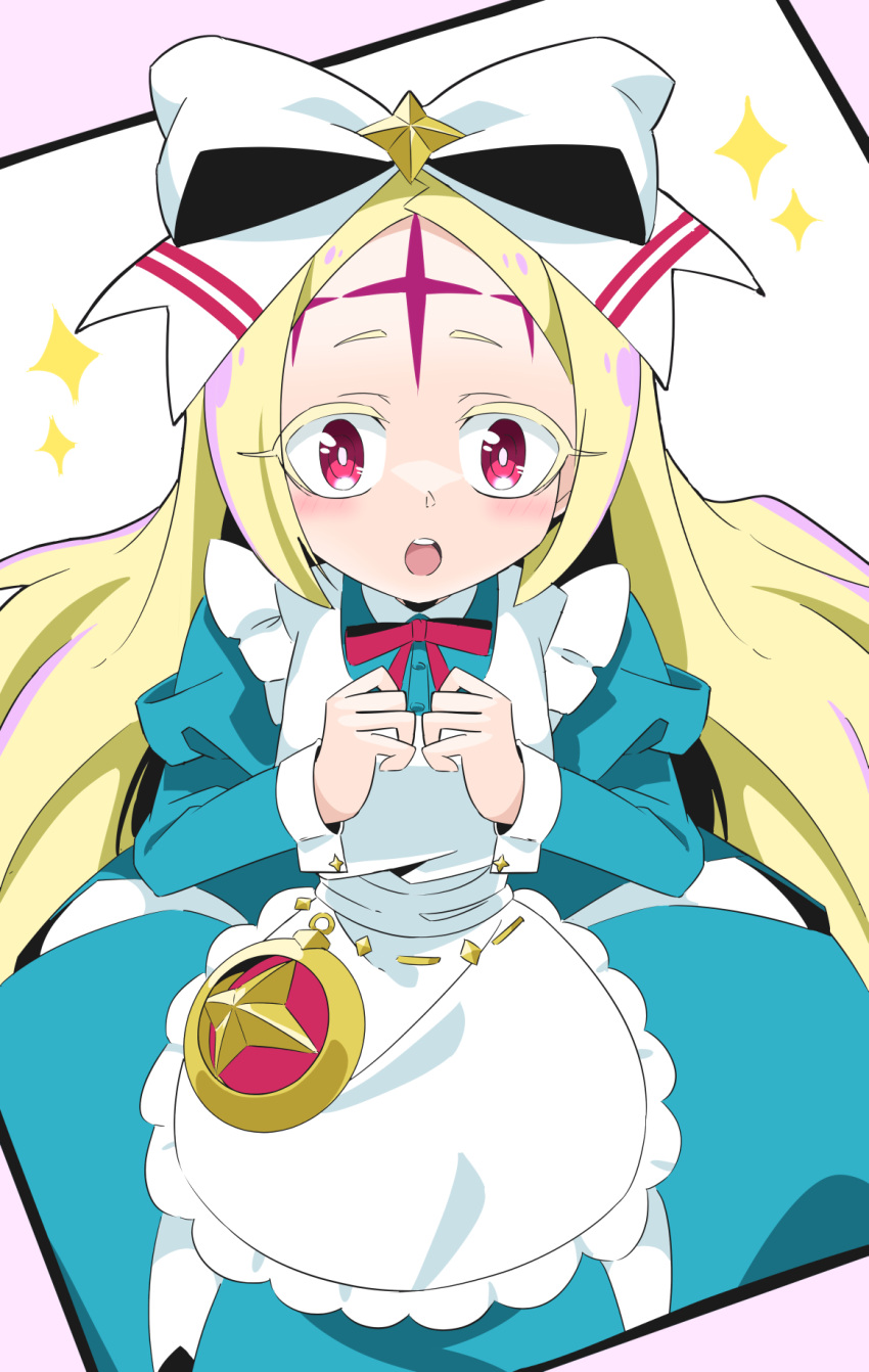 1girl, amatsuki_kurone, apron, blonde_hair, blue_dress, bow, dress, facial_mark, forehead_mark, hair_bow, highres, long_hair, mahou_shoujo_ni_akogarete, morino_korisu, neck_ribbon, nero_alice, open_mouth, pink_eyes, pink_ribbon, ribbon, solo, thick_eyelashes, white_apron, white_bow