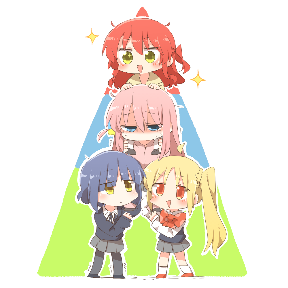 4girls, assisted_carrying, blonde_hair, blue_background, blue_hair, blush, bocchi_the_rock!, chibi, closed_mouth, collared_shirt, cube_hair_ornament, gotoh_hitori, green_background, green_eyes, grey_skirt, hair_ornament, hands_on_another's_head, human_pyramid, ijichi_nijika, jacket, kessoku_band, kita_ikuyo, long_hair, long_sleeves, miniskirt, mole, mole_under_eye, multiple_girls, neck_ribbon, no_mouth, one_side_up, open_mouth, pantyhose, pink_jacket, rebecca_(keinelove), red_background, redhead, ribbon, sailor_collar, school_uniform, serafuku, shaded_face, shirt, short_hair, side_ponytail, skirt, sparkle, sparkling_eyes, sweater_vest, track_jacket, trembling, white_background, white_shirt, yamada_ryo, yellow_eyes